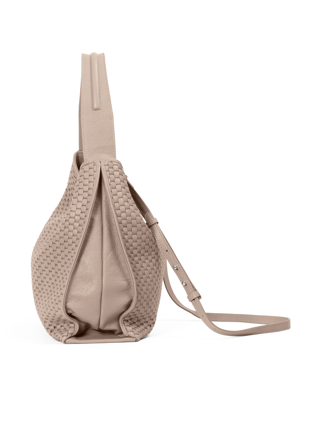 Cream woven leather handbag with detachable strap on white background.