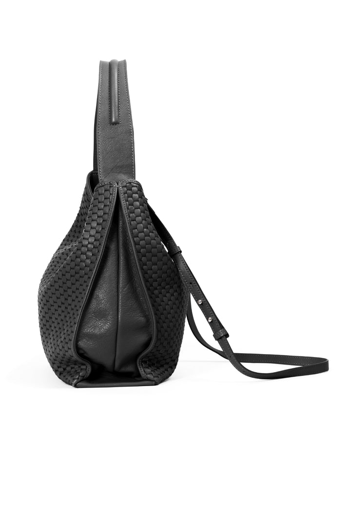 Elegant black woven leather handbag with detachable strap.