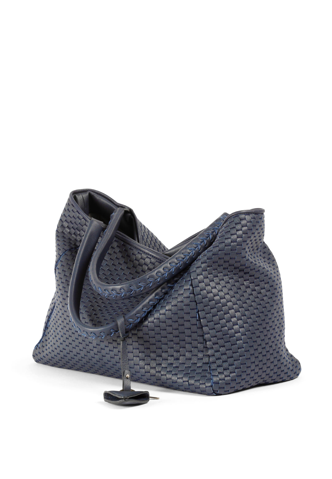 Elegant woven leather handbag in navy blue with a black triangle charm.