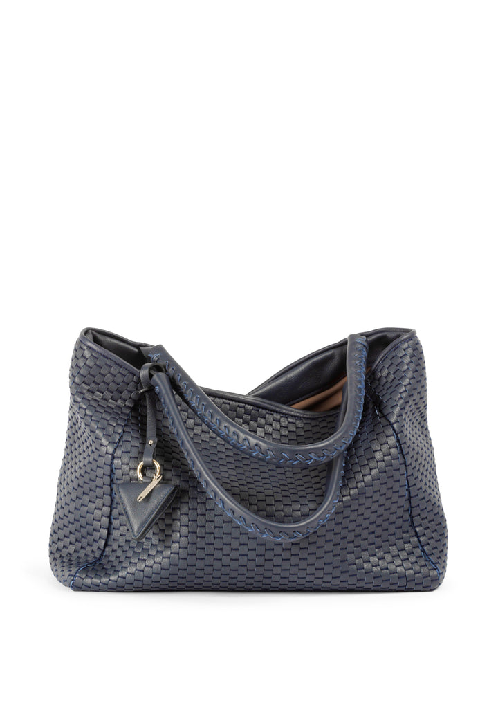 Elegant woven leather handbag in navy blue with a black triangle charm.