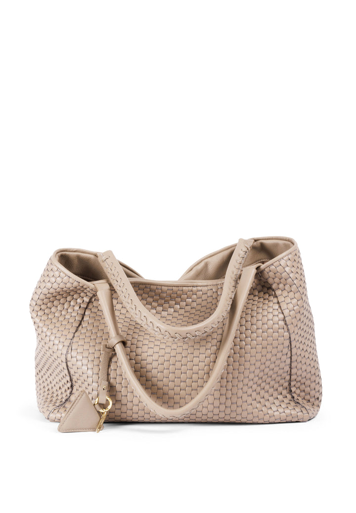 beige woven leather handbag with gold charm