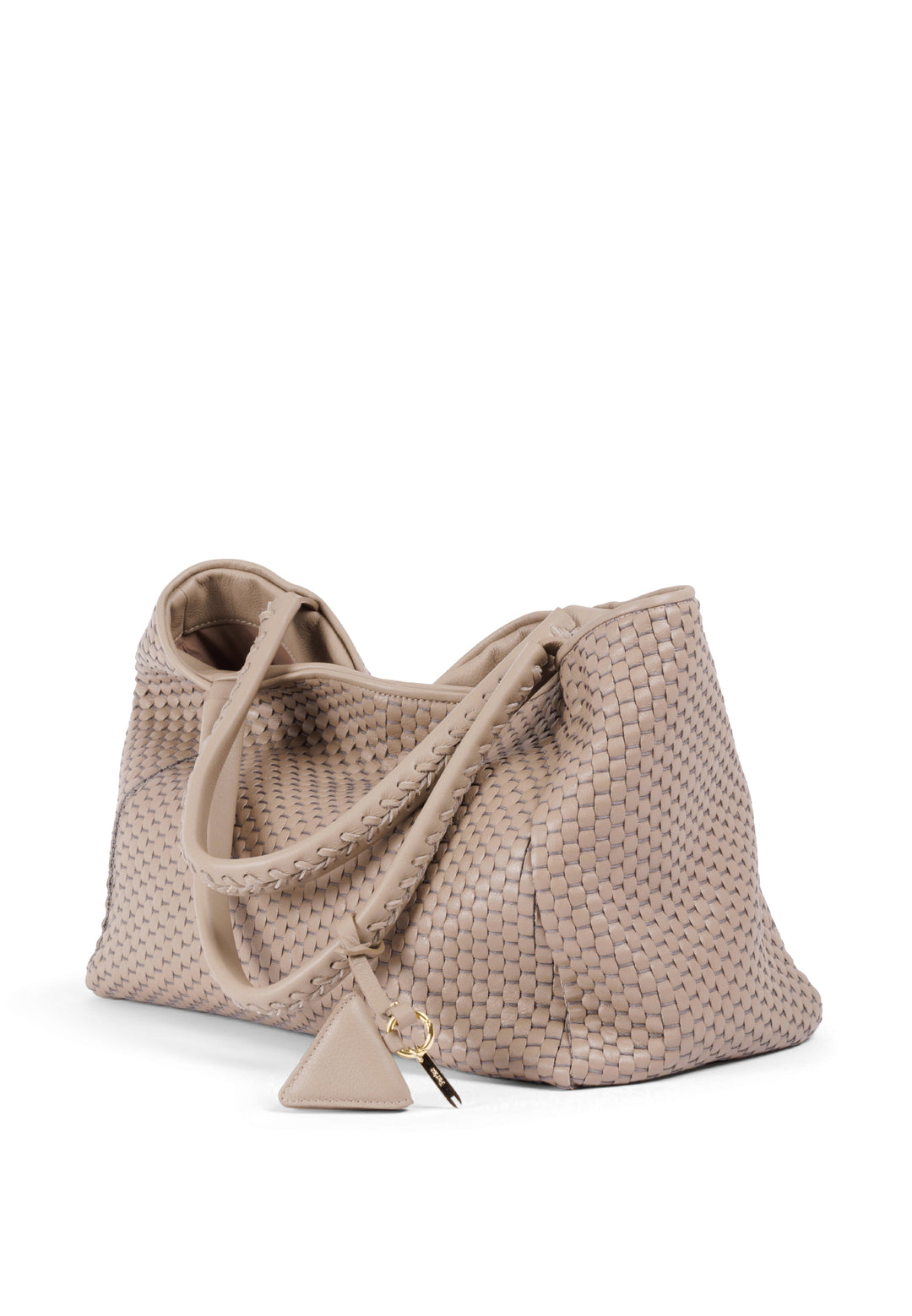 beige woven leather handbag with gold charm