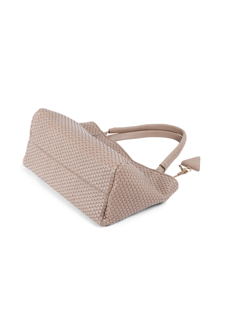 beige woven leather handbag with gold charm