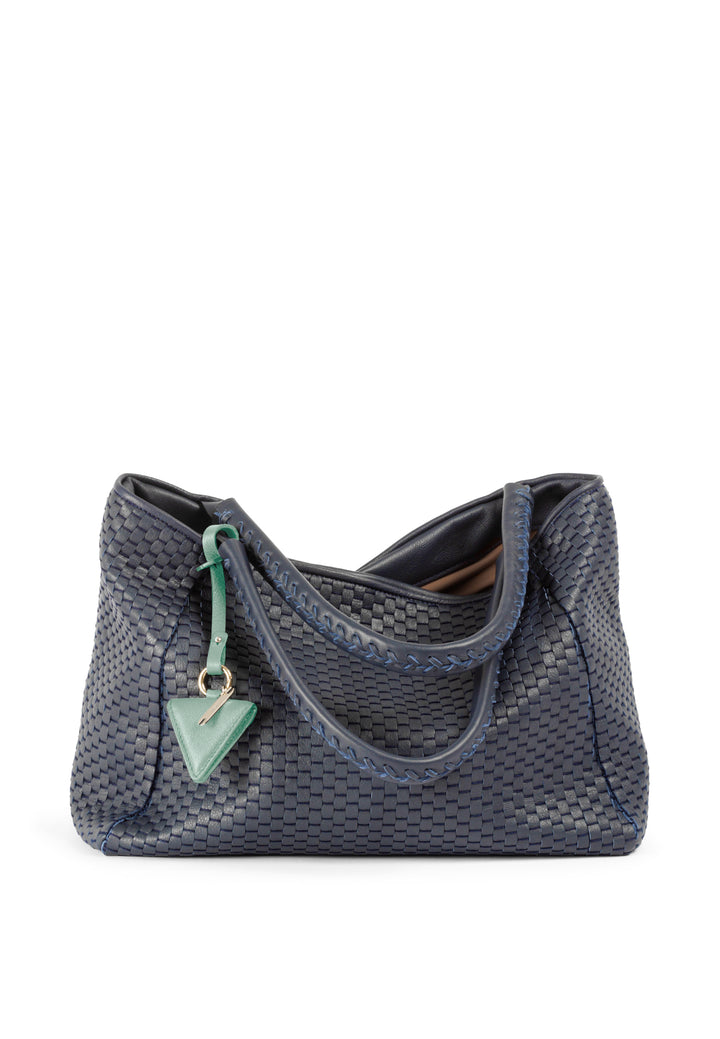 Elegant blue woven leather handbag with a green charm.