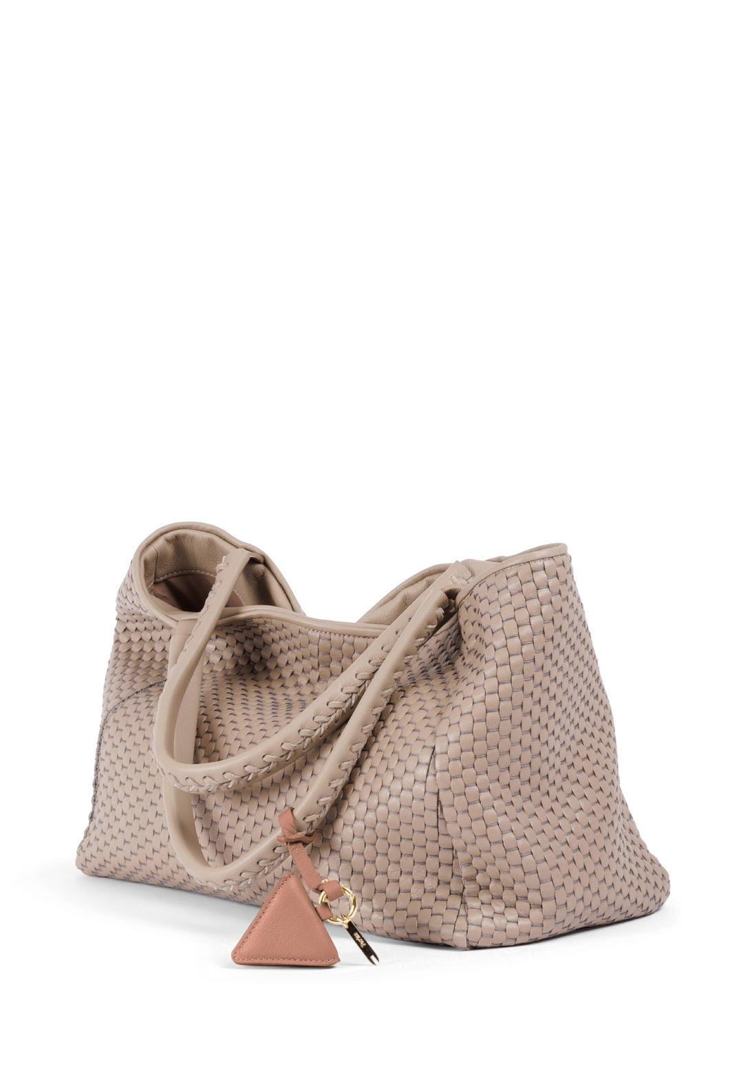 Woven beige leather handbag with shoulder straps and a decorative charm.