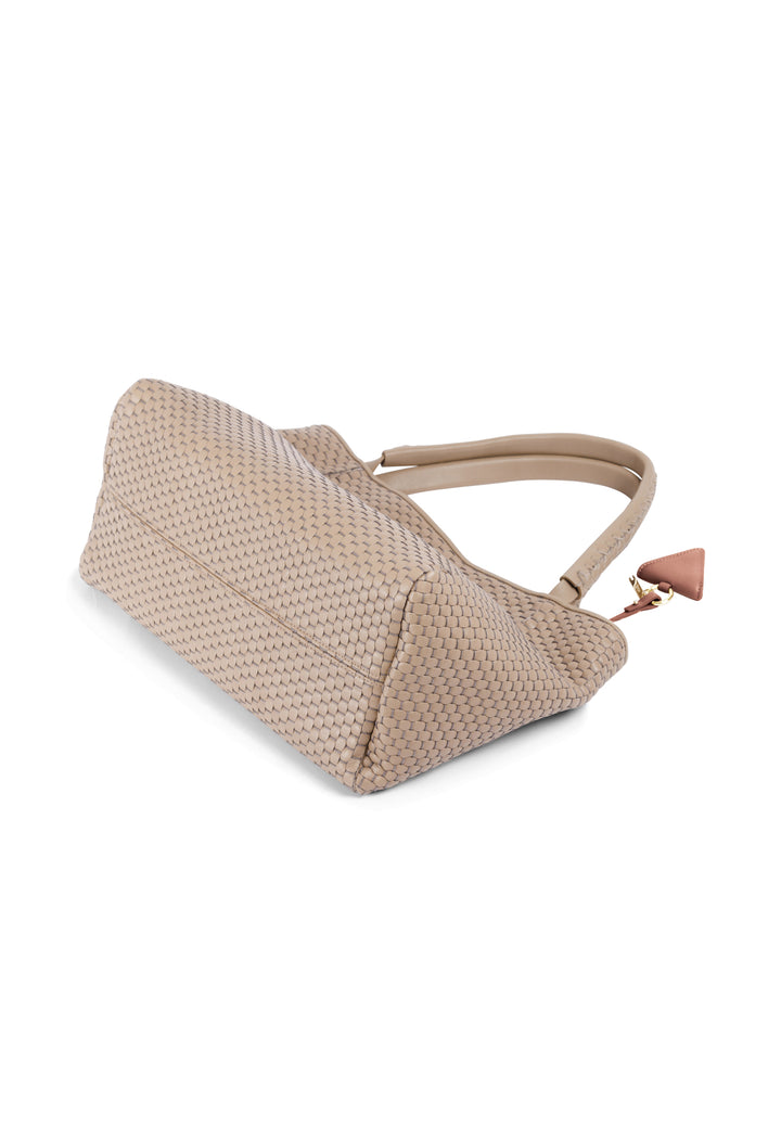 Woven beige leather handbag with shoulder straps and a decorative charm.