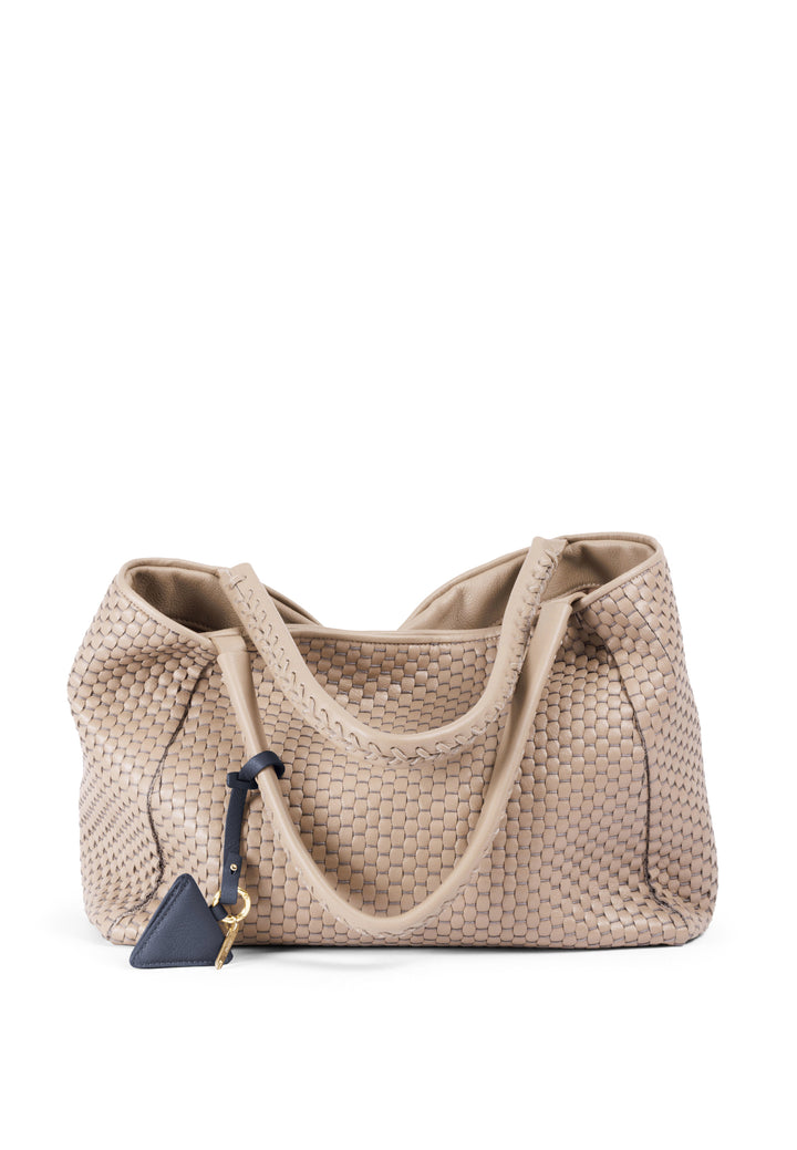 Elegant beige woven leather handbag with black leather tag and double handles.