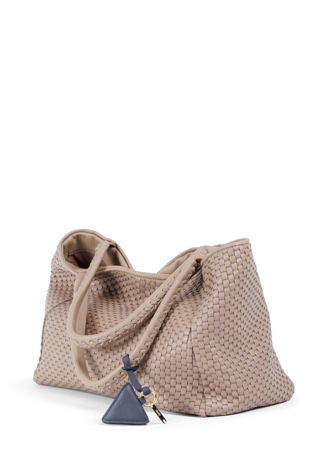 Elegant beige woven leather handbag with black leather tag and double handles.