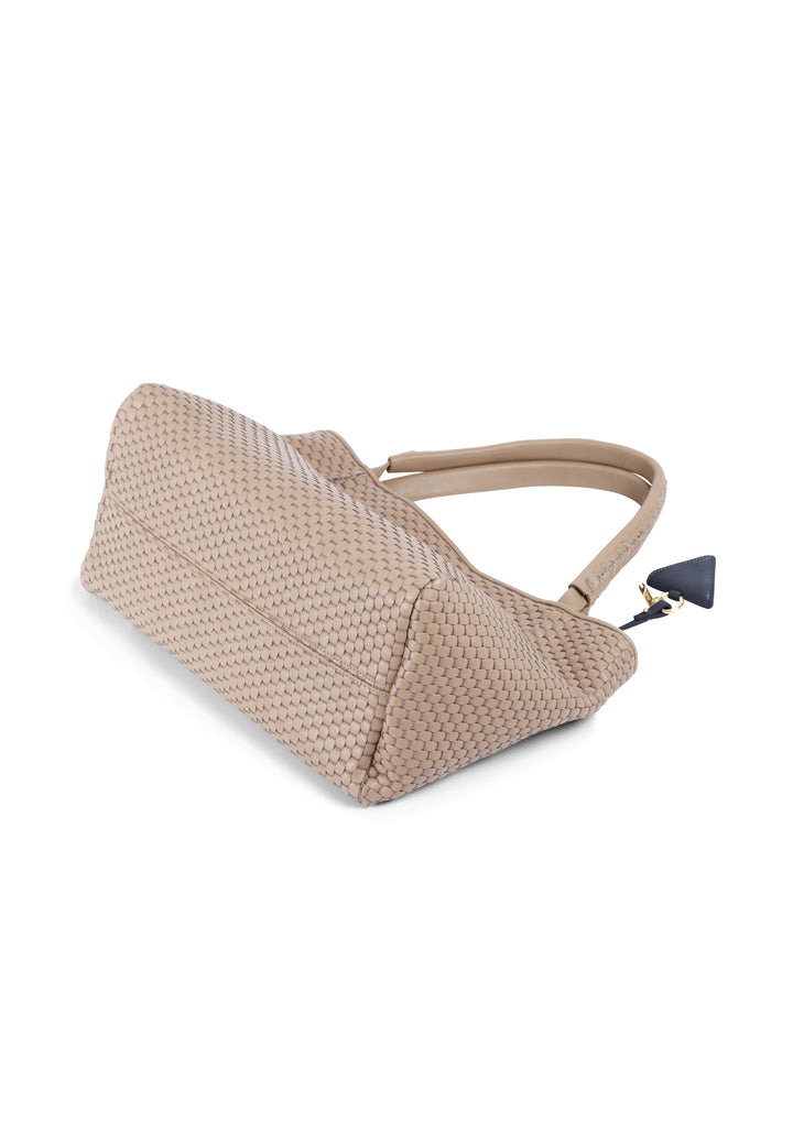 Elegant beige woven leather handbag with black leather tag and double handles.