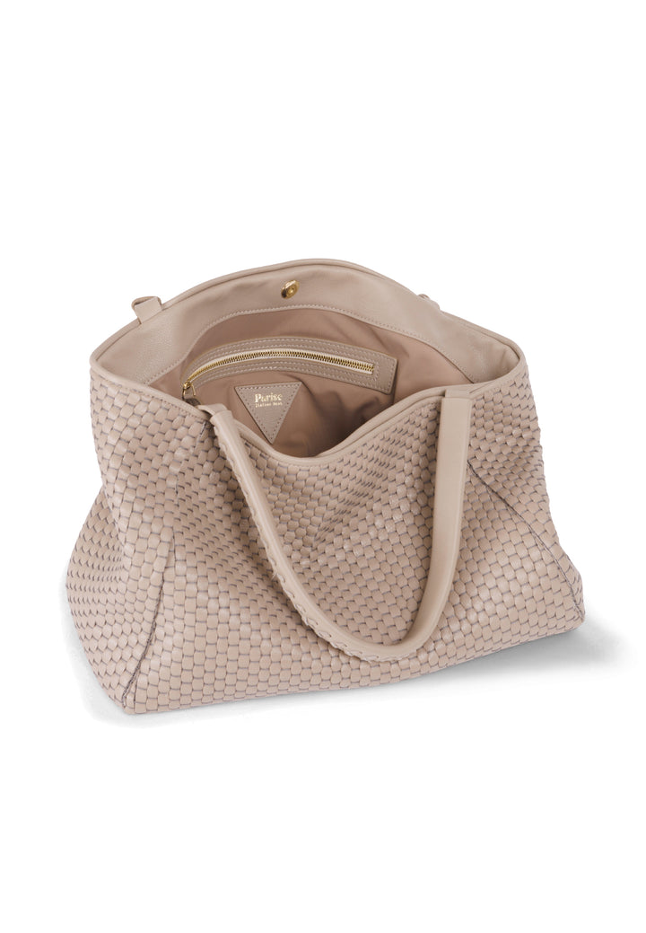 Elegant beige woven leather handbag with black leather tag and double handles.