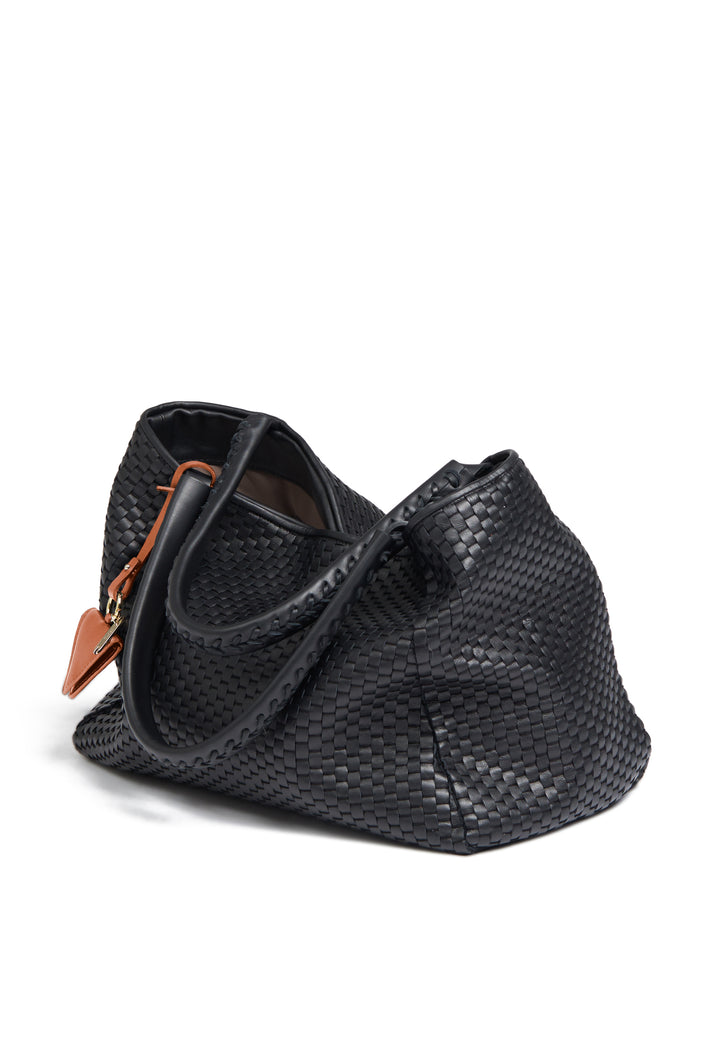 Black woven leather handbag with tan leather accent tag.