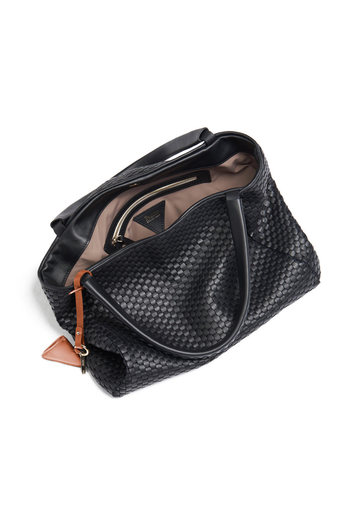 Black woven leather handbag with tan leather accent tag.