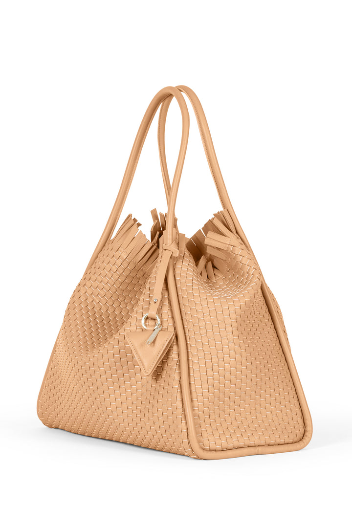 Tan woven leather handbag with top handles and a drawstring closure.