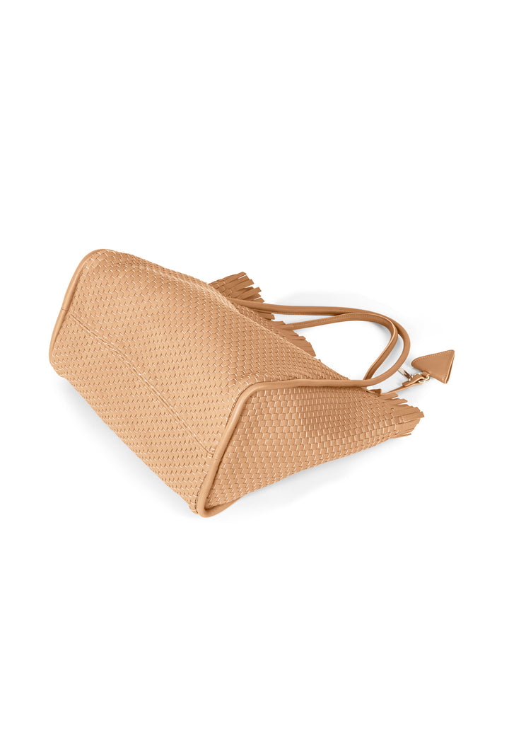 Tan woven leather handbag with top handles and a drawstring closure.