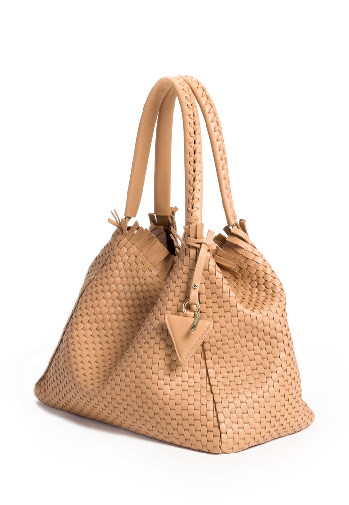 Elegant tan woven leather handbag with shoulder straps on white background.