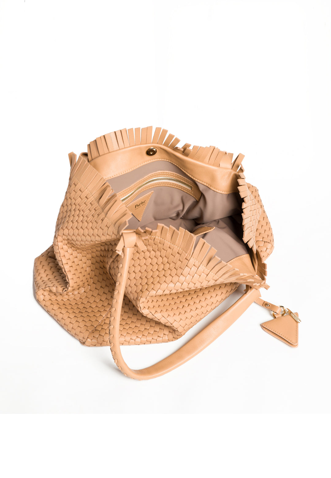 Elegant tan woven leather handbag with shoulder straps on white background.