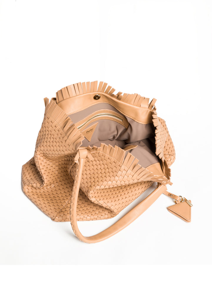 Elegant tan woven leather handbag with shoulder straps on white background.