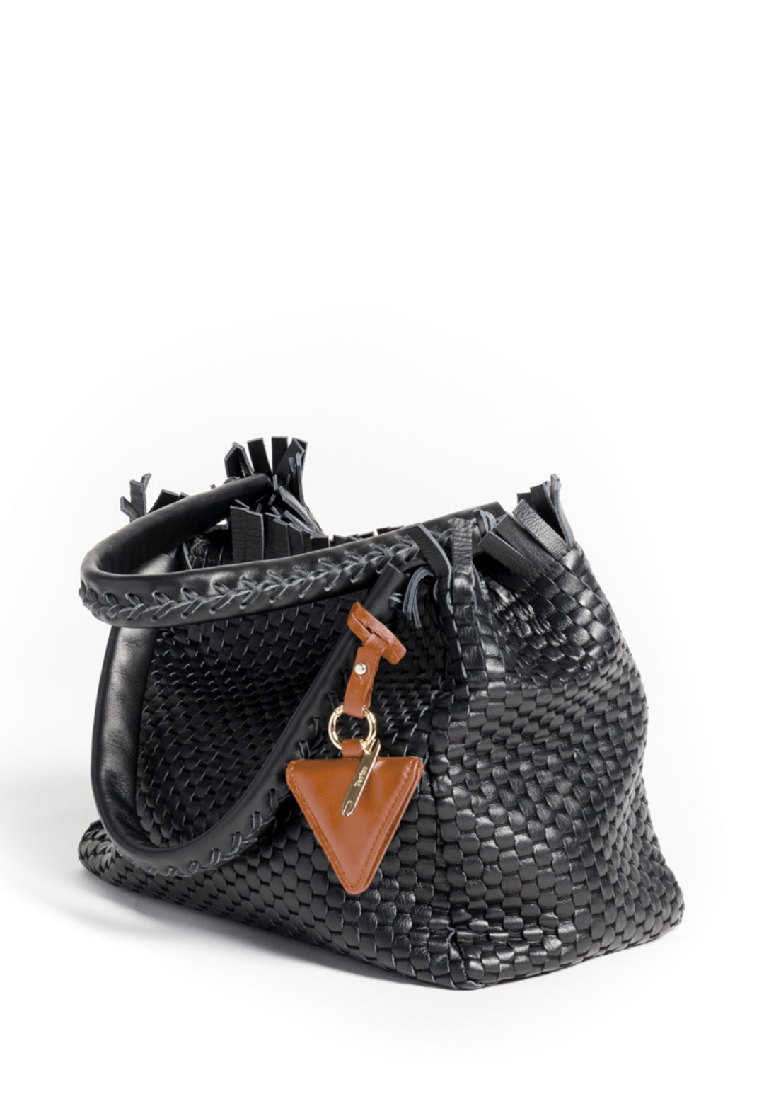 Black woven leather handbag with brown leather accent and triangular buckle on white background.