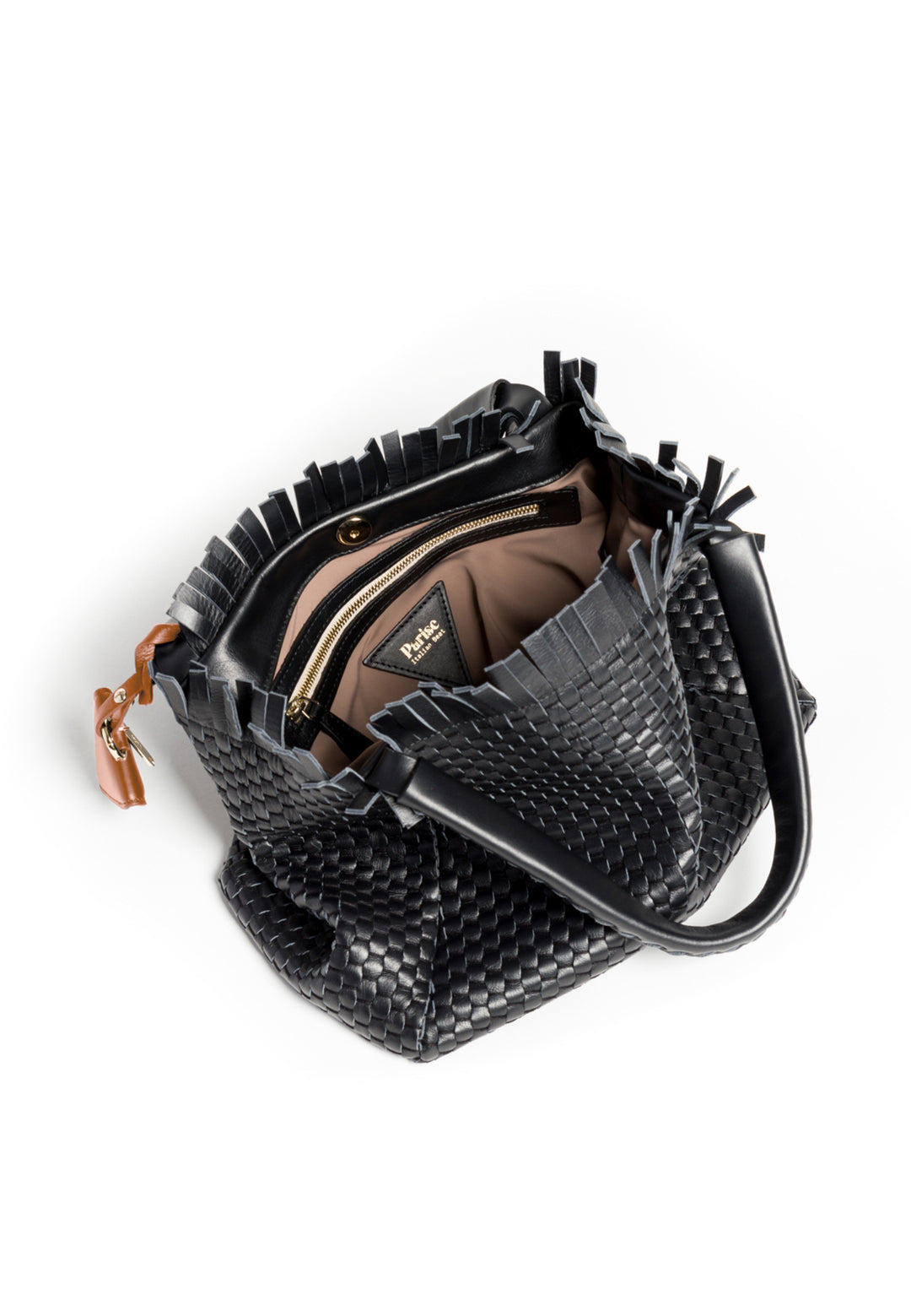 Black woven leather handbag with brown leather accent and triangular buckle on white background.