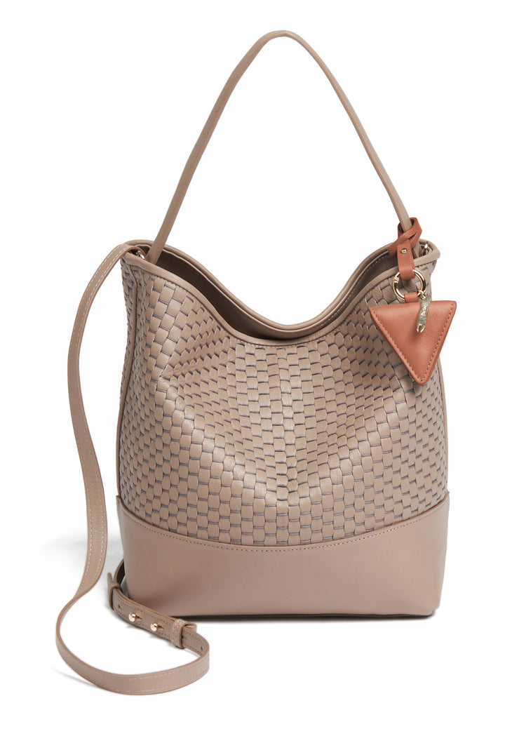 Elegant beige woven leather shoulder bag with adjustable strap and keychain accessory.