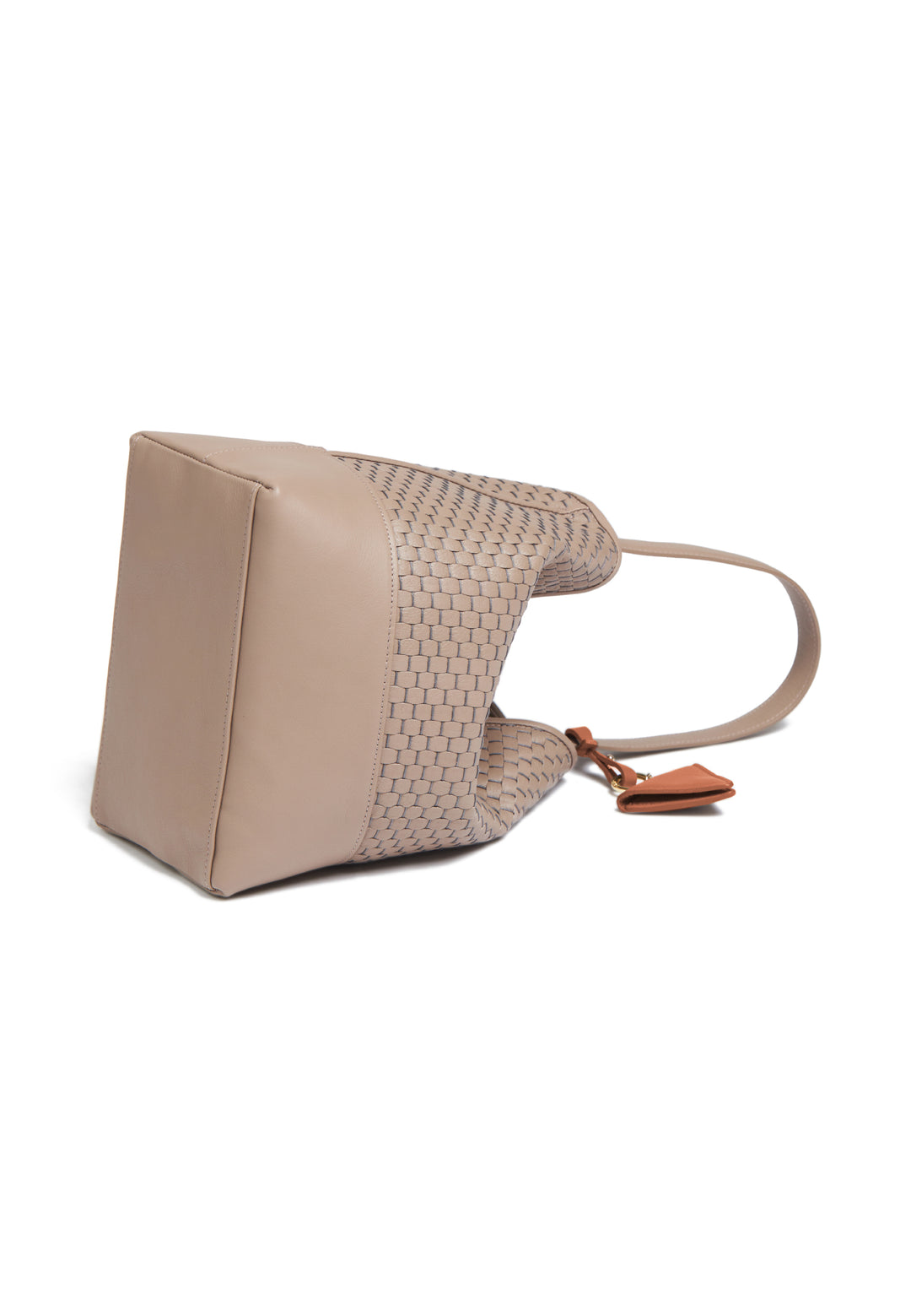 Elegant beige woven leather shoulder bag with adjustable strap and keychain accessory.