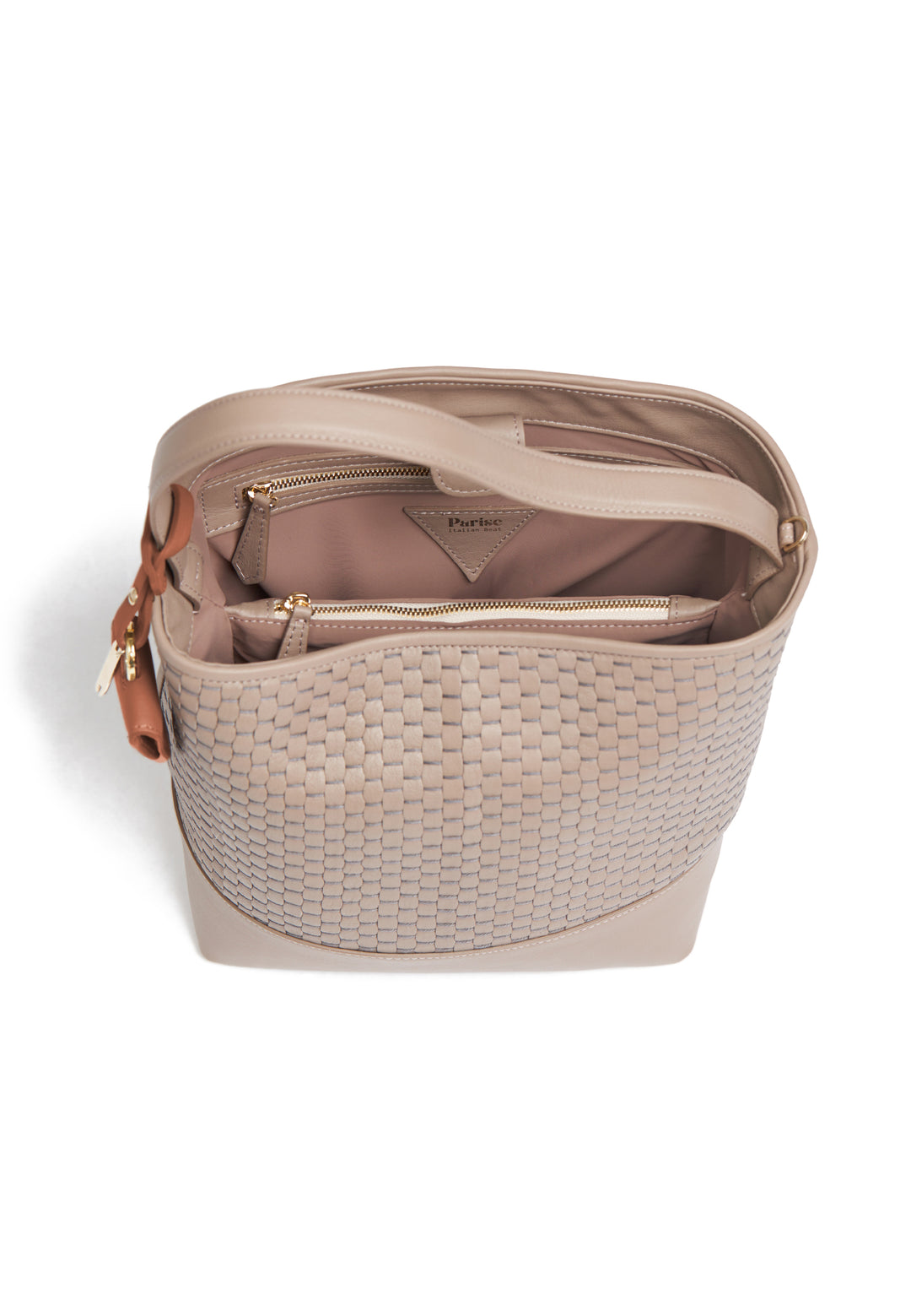 Elegant beige woven leather shoulder bag with adjustable strap and keychain accessory.