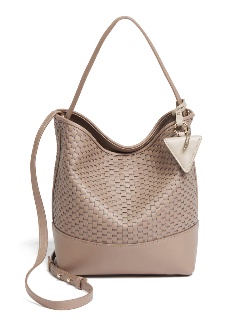 Beige woven leather handbag with long adjustable strap.