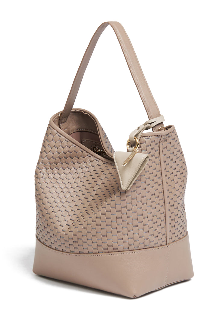 Beige woven leather handbag with long adjustable strap.