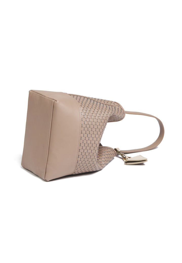 Beige woven leather handbag with long adjustable strap.