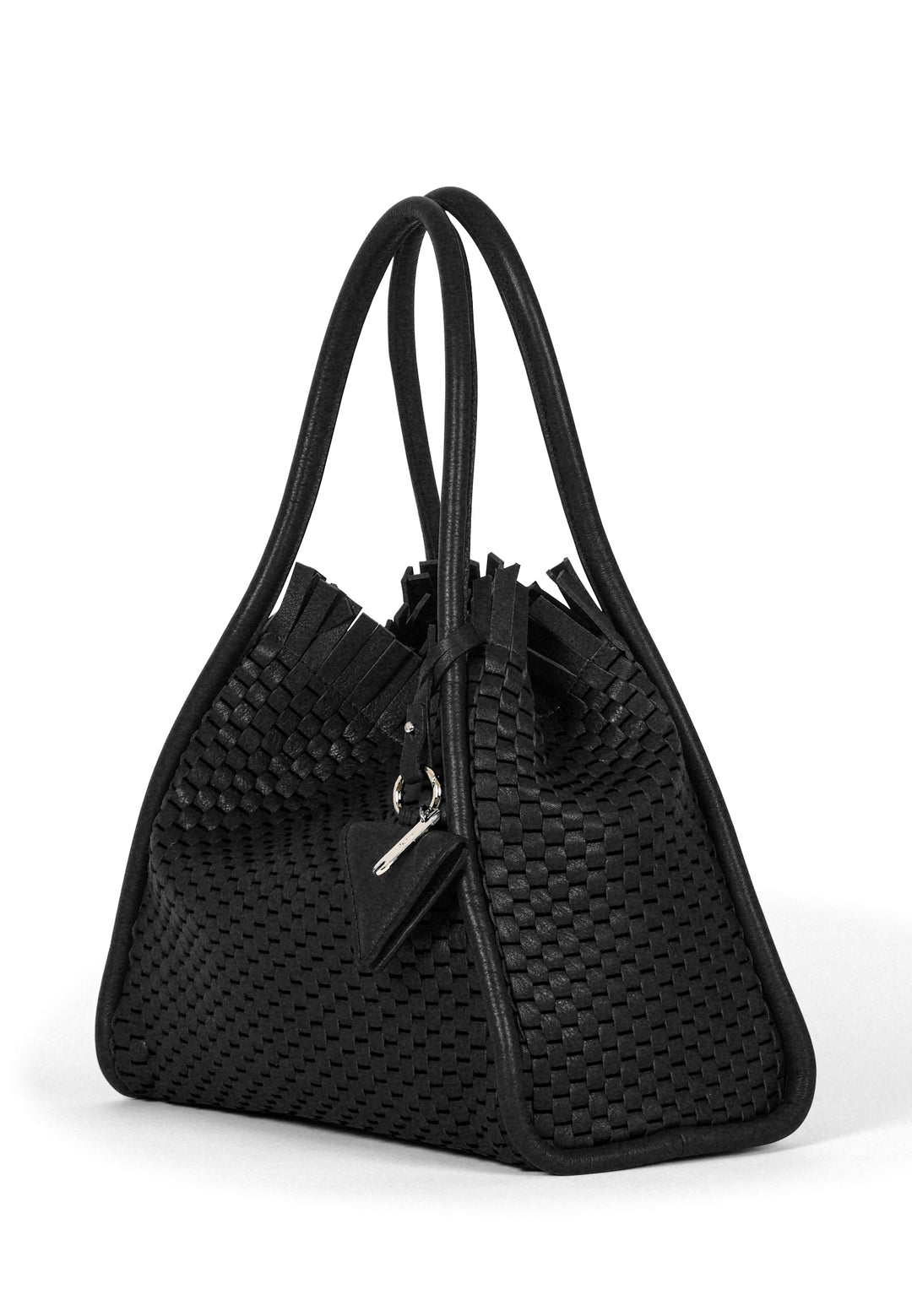 Elegant black woven handbag with textured design and fringe details.