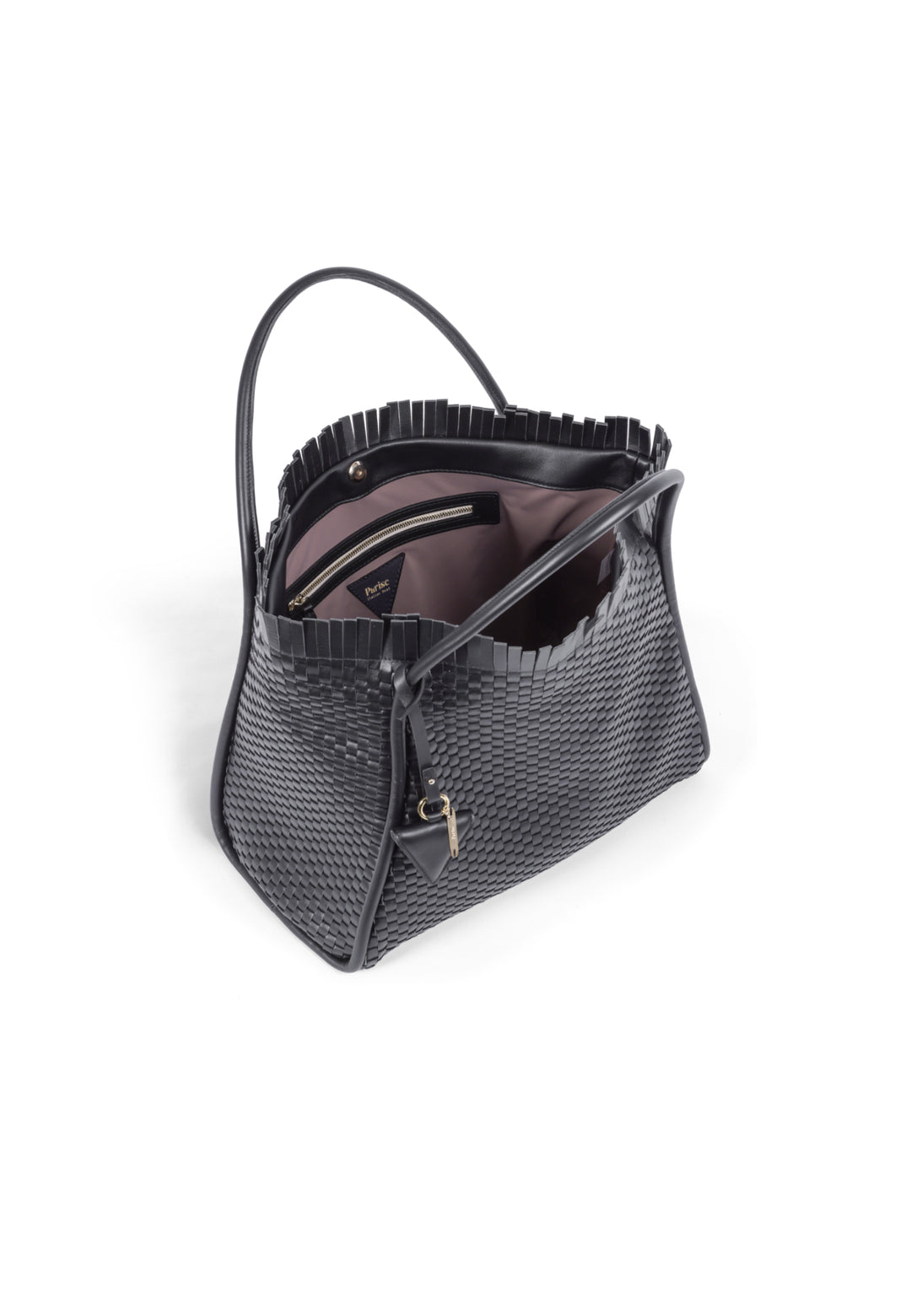 Elegant black woven handbag with textured design and fringe details.