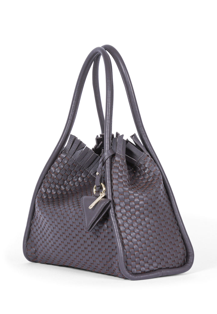 Luxurious woven leather handbag with elegant fringe detailing and stylish design.