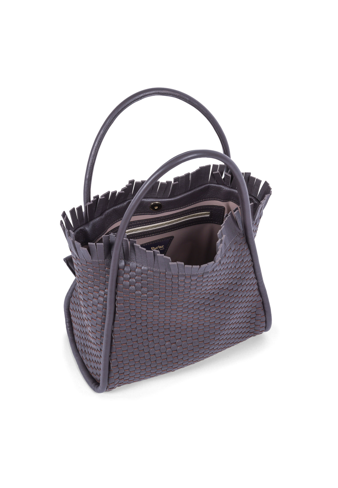 Luxurious woven leather handbag with elegant fringe detailing and stylish design.