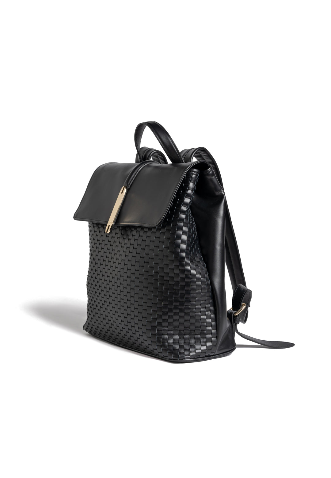 Black woven leather handbag with top handle and buckle closure on white background.