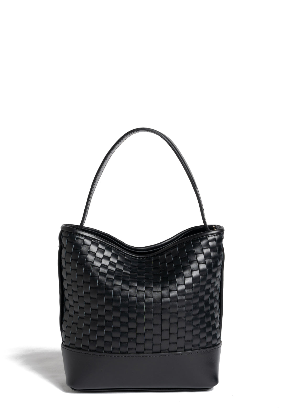 Black leather woven bucket bag with adjustable shoulder strap.