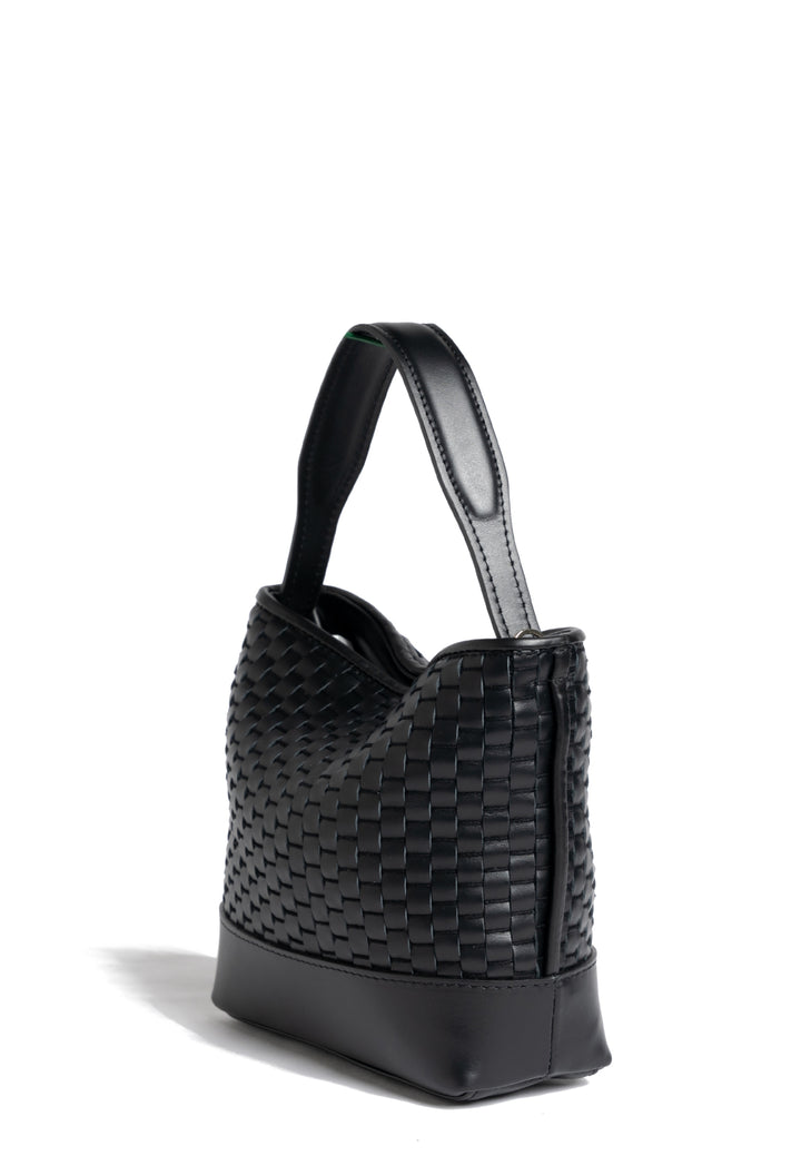 Black leather woven bucket bag with adjustable shoulder strap.