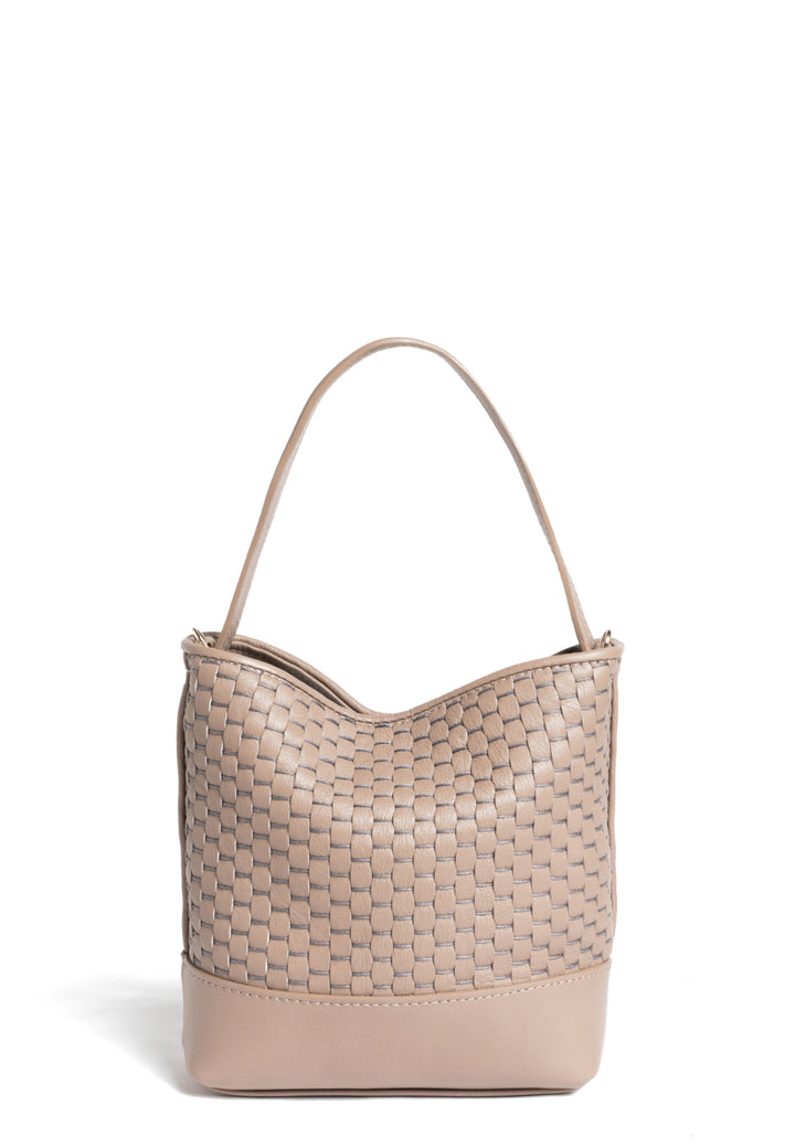 Elegant beige woven leather handbag with adjustable strap on white background.