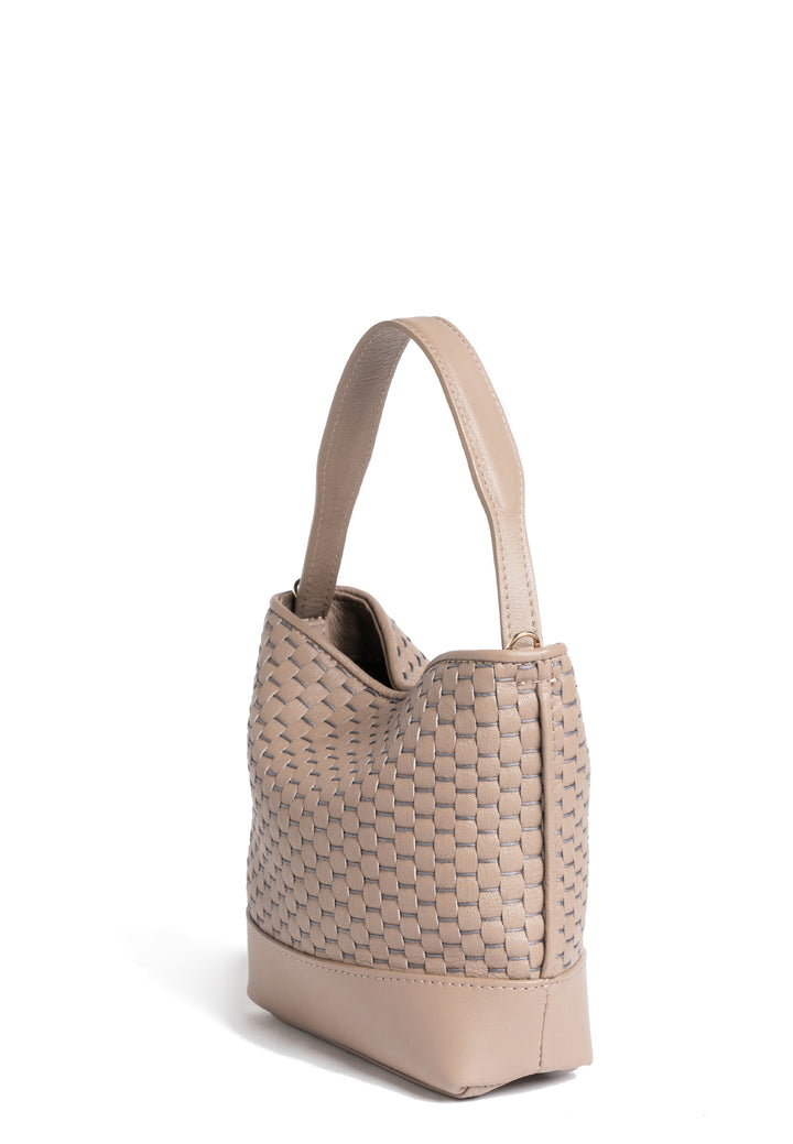 Elegant beige woven leather handbag with adjustable strap on white background.