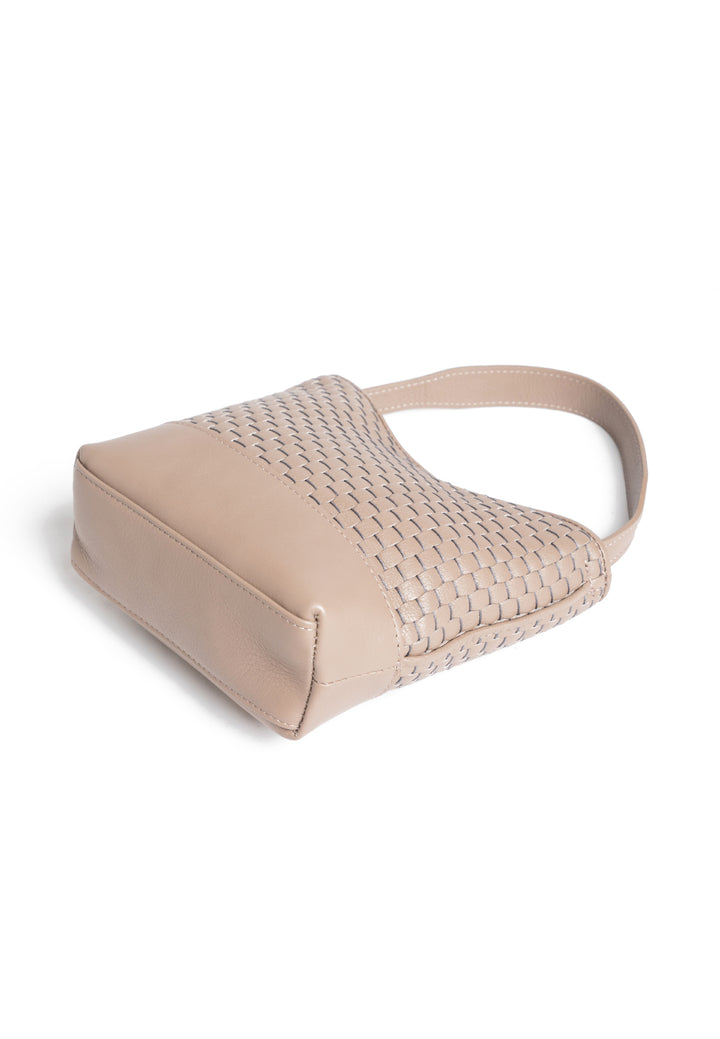 Elegant beige woven leather handbag with adjustable strap on white background.