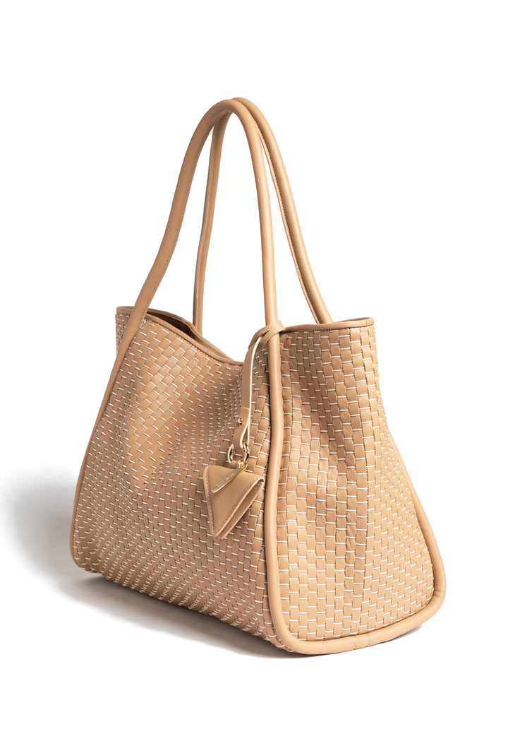 Beige woven leather tote bag with handles and a small triangular tag.