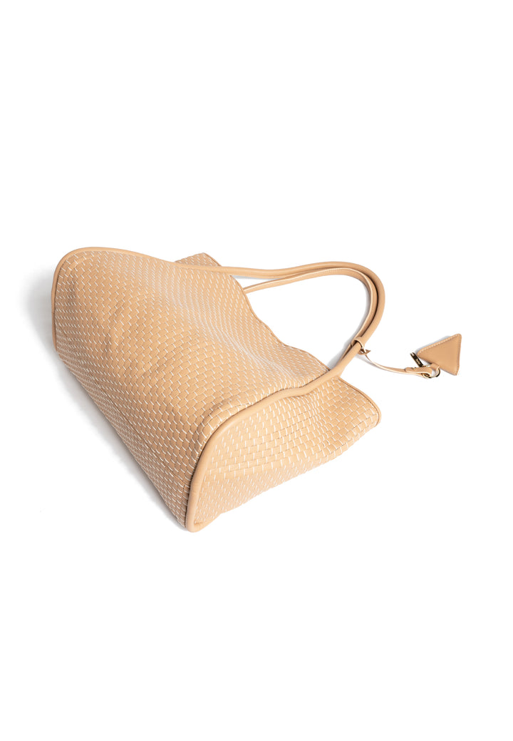 Beige woven leather tote bag with handles and a small triangular tag.