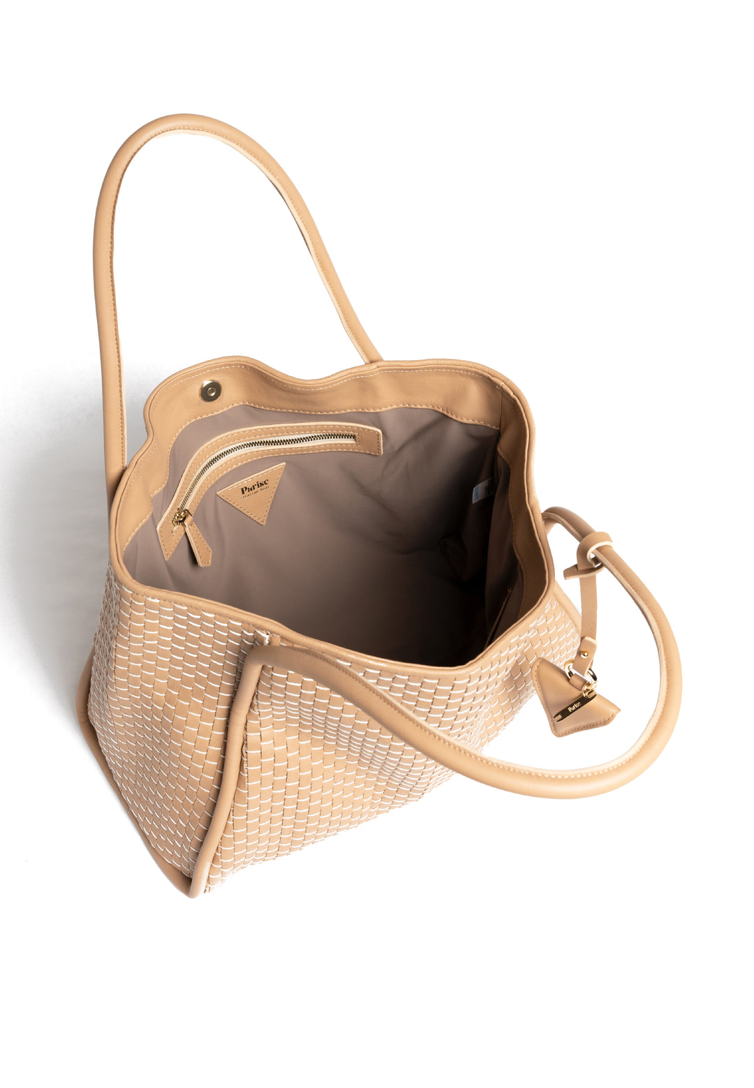 Beige woven leather tote bag with handles and a small triangular tag.