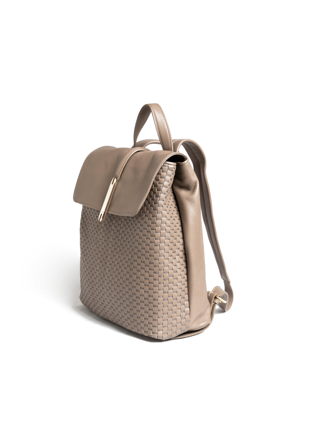 Tan leather woven backpack with front clasp against white background.