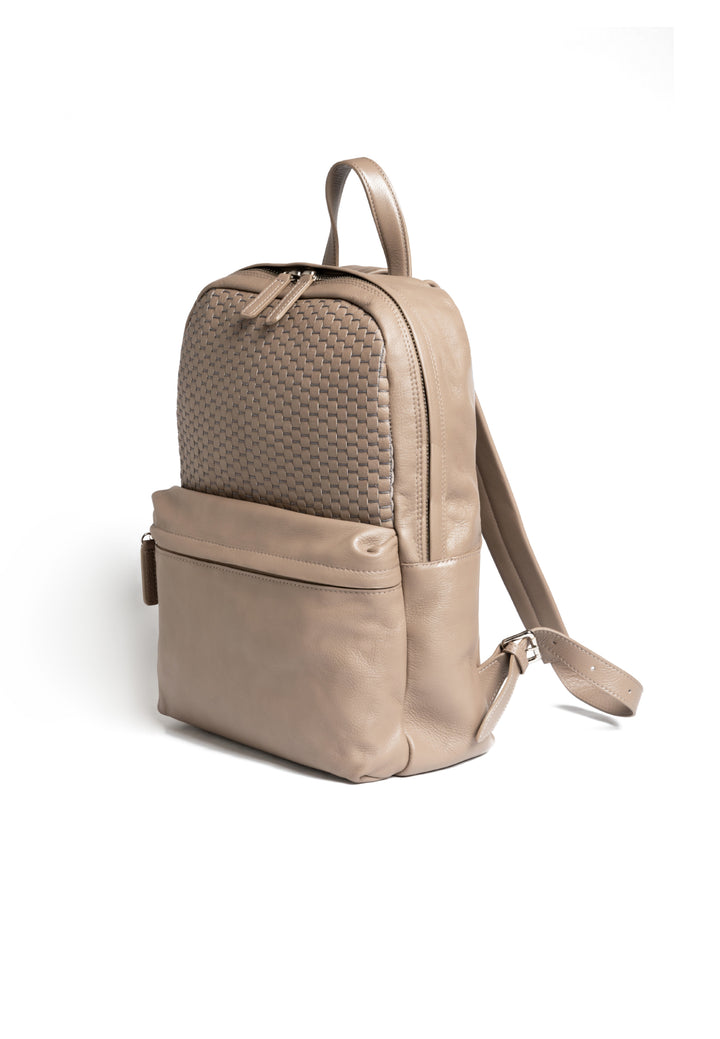 Beige leather backpack with woven design, front pocket, and zipper closure.