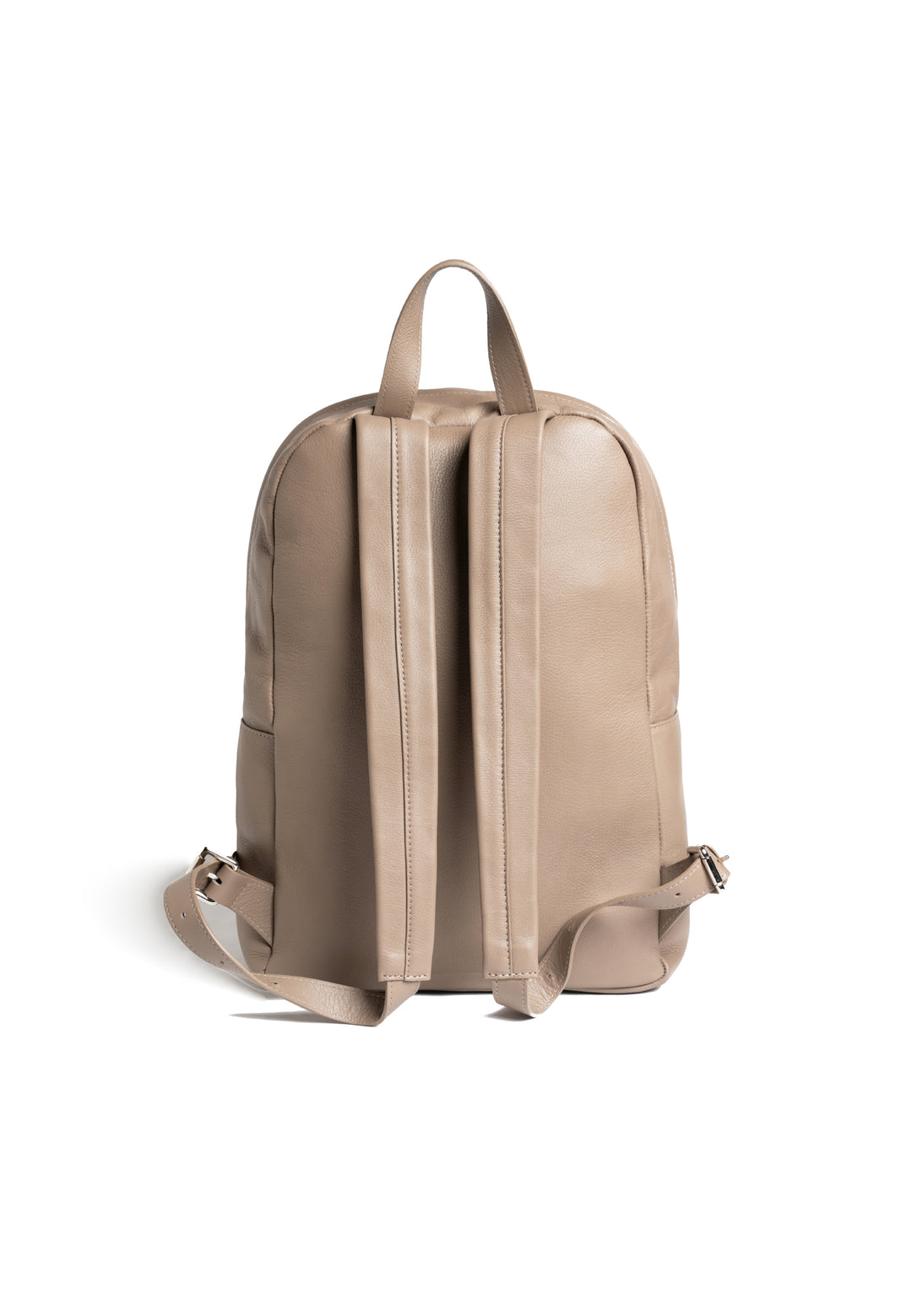 Beige leather backpack with woven design, front pocket, and zipper closure.