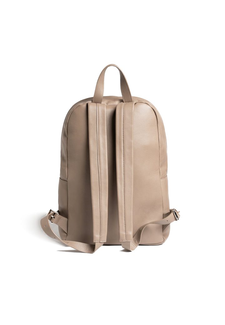 Beige leather backpack with woven design, front pocket, and zipper closure.