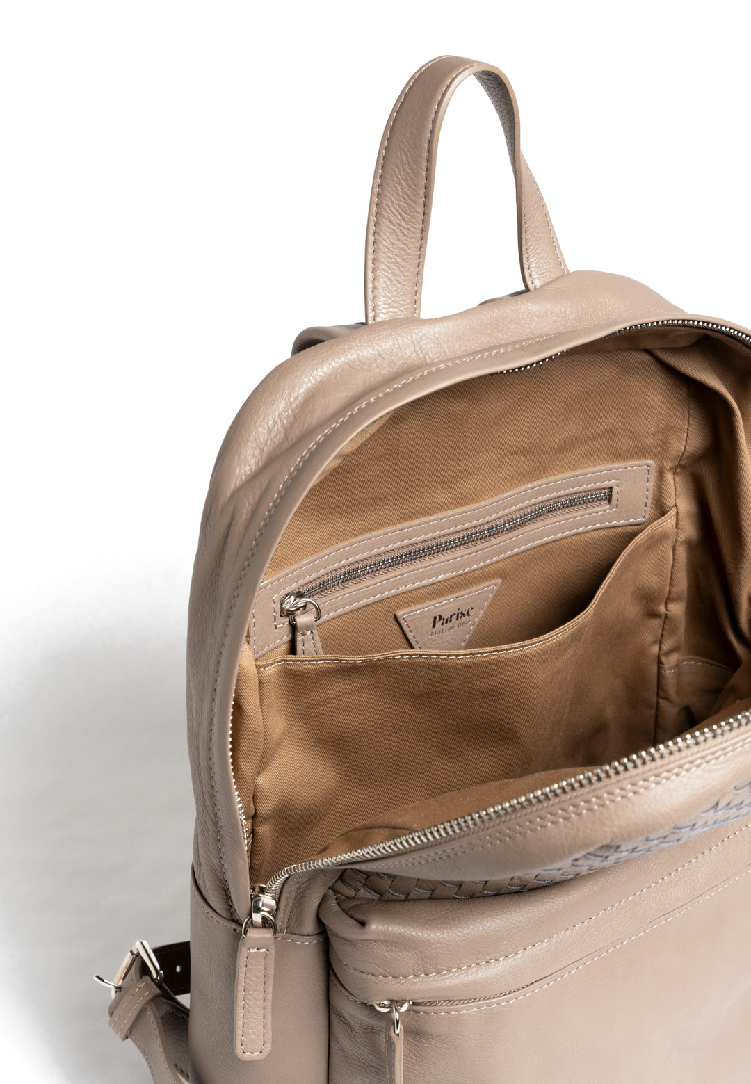 Beige leather backpack with woven design, front pocket, and zipper closure.