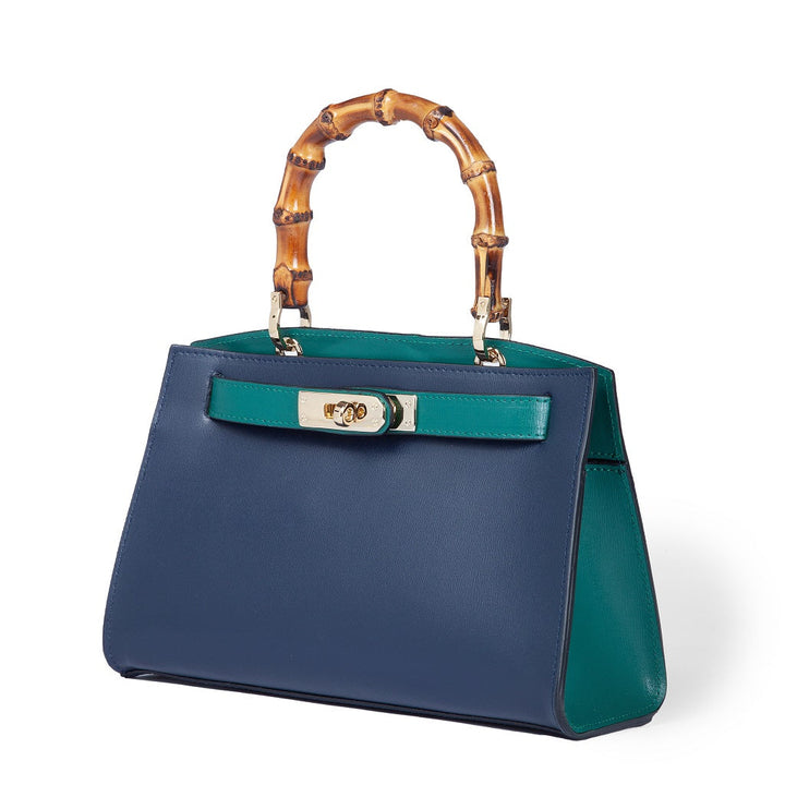 Luxury blue handbag with bamboo handle and gold clasp