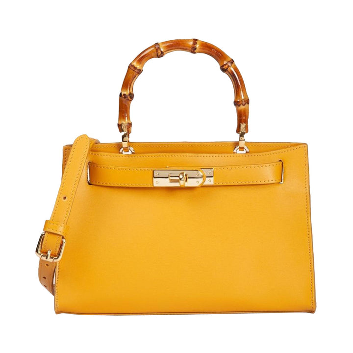 Yellow leather handbag with bamboo handles and shoulder strap