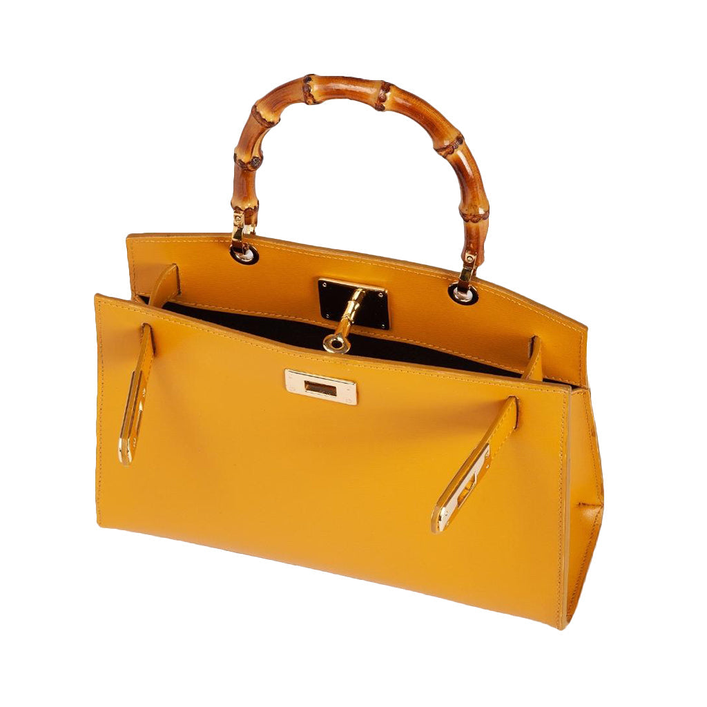 Yellow designer handbag with bamboo handle and gold hardware